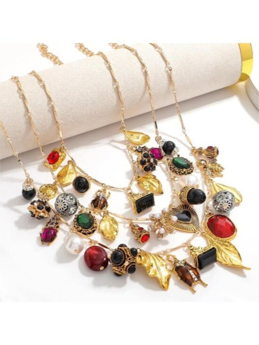 Vintage 3 Layered Charm Necklace Beetle Insect Heart Gemstone Pearl Gold Chain